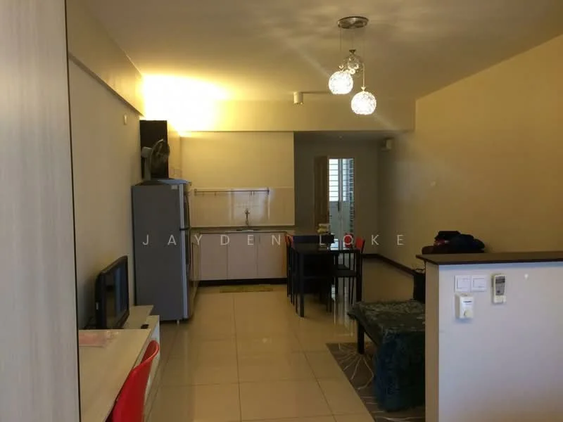Living features: white painted walls, glossy tile flooring, ceiling with pendant lights, wall-mounted TV, dining table with chairs, refrigerator, kitchen cabinetry, open layout, sofa, decorative rug; style: modern.