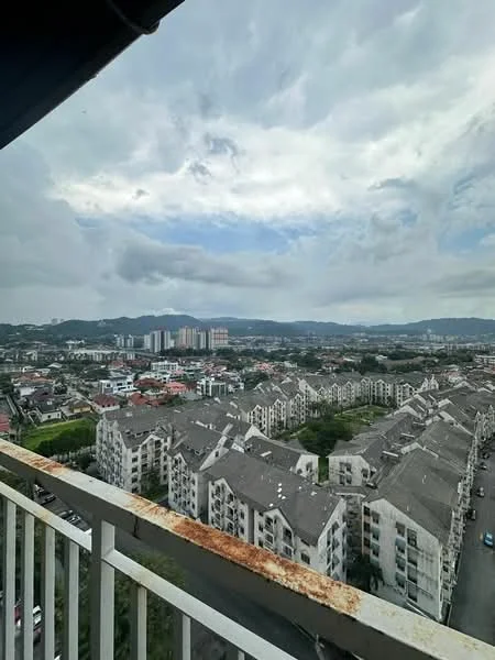 Exterior type: high-rise condominium; features: city skyline view, surrounded by residential buildings, mountain view in background, multi-storey buildings, balconies visible on buildings, cloudy sky, urban landscape; style: modern.
