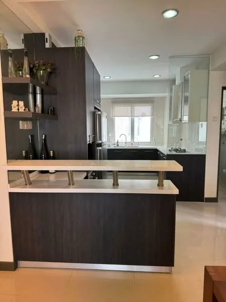 Kitchen features: dark wood cabinetry, white quartz countertop, stainless-steel appliances, double-bowl stainless-steel sink, chrome pull-down faucet, built-in oven, freestanding range oven, refrigerator, pendant lighting, tile flooring, window with natural light, open layout to dining area; style: modern.