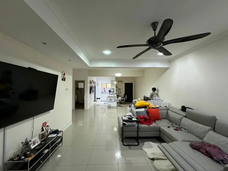 Living features: grey leather sectional sofa, white area rug, wall-mounted TV, black TV console, 5-blade ceiling fan with light, recessed downlights, cream painted walls, glossy tile flooring, decorative throw pillows, coffee table, electrical outlets visible, open layout to kitchen, dining area visible in background; style: modern.