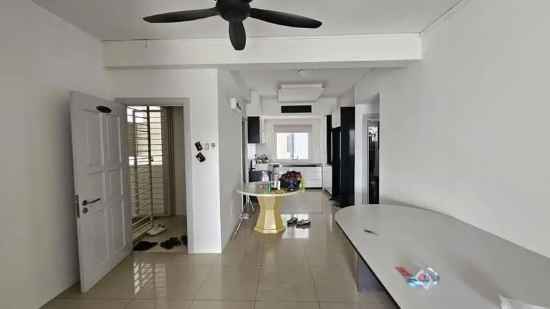 Room features: white painted walls, glossy tile flooring, ceiling fan, round dining table, yellow table base, open kitchen layout, kitchen cabinetry, door to hallway, window with natural light, grey countertop, black appliances, sliding door, decorative items on table; style: modern.
