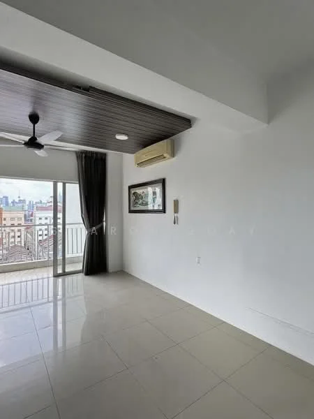 Room features: white painted walls, grey ceiling with wooden paneling, recessed downlights, 5-blade ceiling fan, sliding glass door, floor-to-ceiling windows, grey curtains, light-colored tile flooring, air conditioning unit; style: modern; view: city.