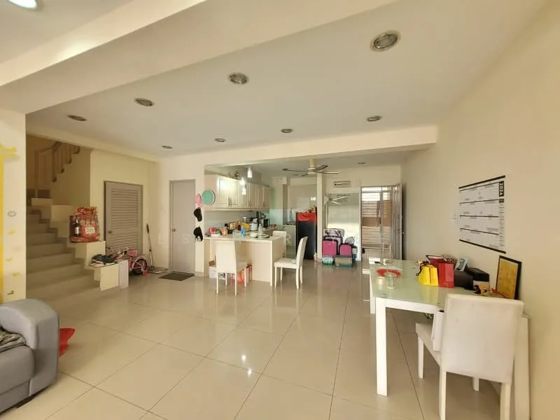 Living features: white painted walls, glossy ceramic tile flooring, recessed downlights, 5-blade ceiling fan, open-plan layout, large windows for natural light, dining table with white chairs, sofa in light grey fabric, decorative items on table, kitchen island with seating, staircase visible in background; style: modern.