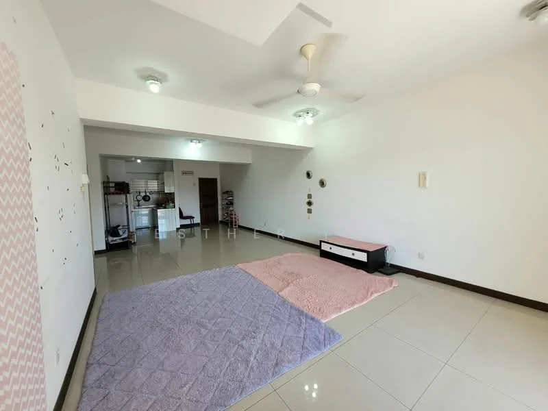 Living features: white painted walls, tray ceiling, 2 ceiling fans, large floor tiles, pink area rug, purple area rug, wall-mounted decor, open layout, natural light from windows, neutral color scheme; style: modern.