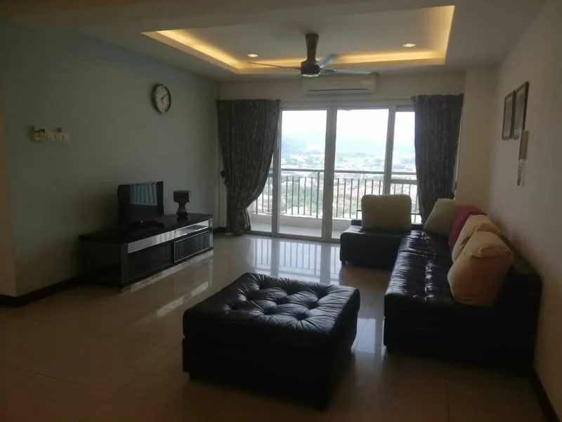 Living features: floor-to-ceiling windows, sliding glass door, 5-blade ceiling fan with light, wall-mounted clock, cream painted walls, grey accent wall, tile flooring, black leather sofa, ottoman with tufted design, curtains with floral pattern, TV console, decorative cushions in various colors; style: modern; view: city.