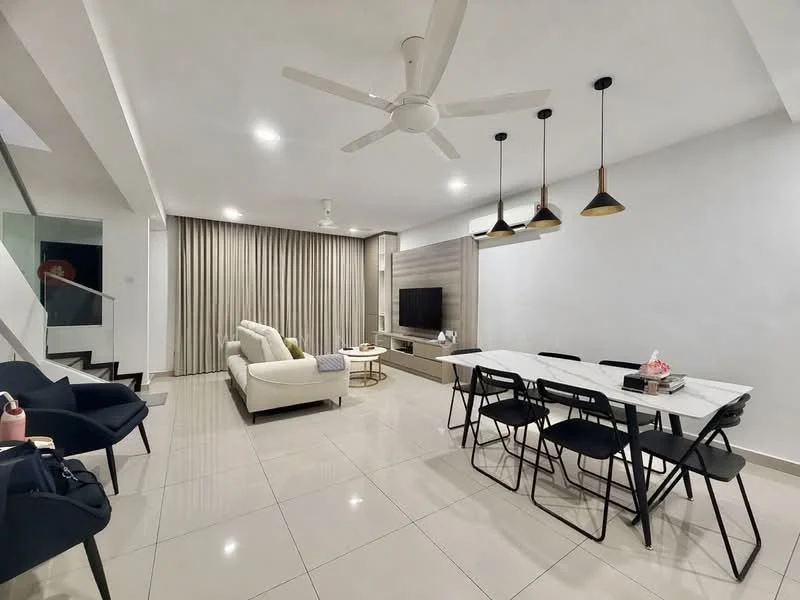 Living features: white painted walls, recessed downlights, 5-blade ceiling fan with light, floor-to-ceiling curtains, light grey sofa, coffee table, TV console, wall-mounted TV, area rug, decorative items on console; style: modern. Dining features: 6-seater dining table, black dining chairs, pendant lighting above table, decorative centerpiece on table; style: modern.