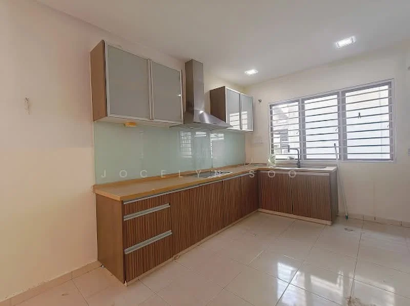Kitchen features: brown wooden cabinetry, white upper cabinets with glass fronts, light green glass backsplash, stainless-steel range hood, laminate countertop, single-bowl stainless-steel sink, window with horizontal slats, white tiled flooring, recessed LED downlights; style: modern.