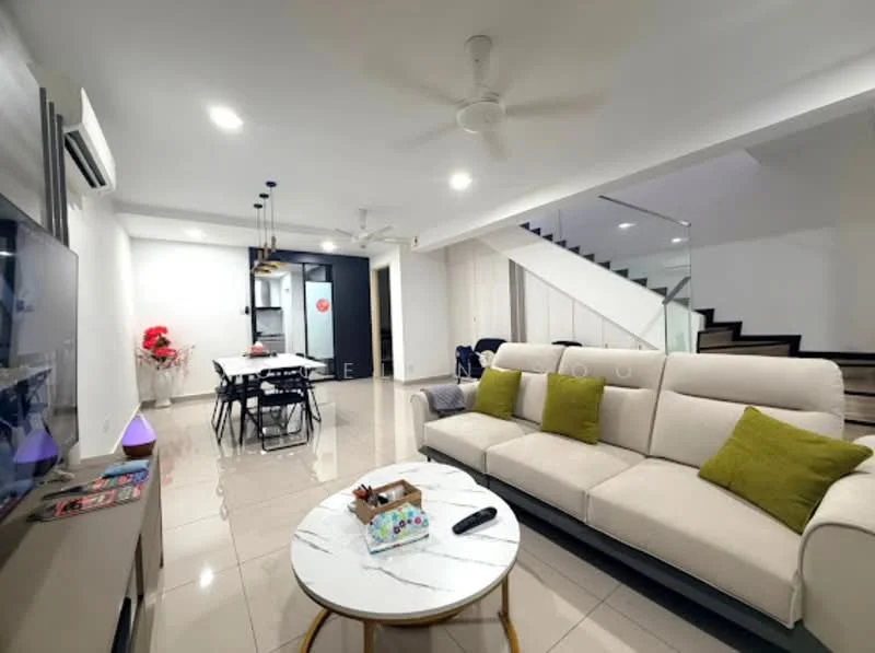 Living features: 3-seater fabric sofa in beige, marble coffee table, wall-mounted TV, 5-blade ceiling fan, recessed downlights, cream painted walls, glossy tile flooring, decorative wall art, open-plan layout to dining area; style: modern. Dining features: 6-seater dining table, black dining chairs, pendant lighting above table, open layout to living area; style: modern.