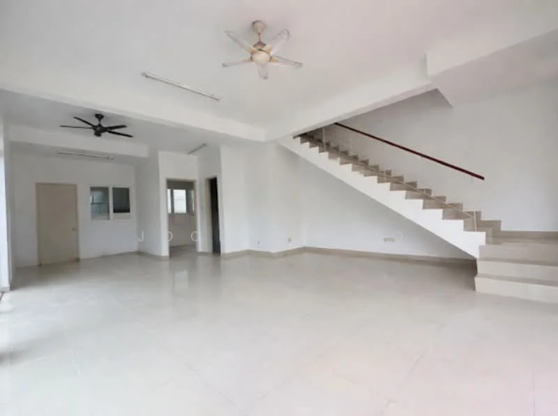 Living features: white painted walls, polished ceramic tile flooring, 5-blade ceiling fan, 3-blade ceiling fan, staircase with wooden railing, large windows for natural light, open layout, neutral color scheme; style: modern. Room features: white painted walls, polished ceramic tile flooring, large windows for natural light, neutral color scheme.