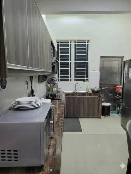 Kitchen features: brown wooden cabinetry, stainless-steel sink, chrome pull-down faucet, white ceramic countertop, built-in microwave, stainless-steel fridge, ceramic tile flooring, wall-mounted shelves, window with metal grills, kitchen utensils visible, dish rack, black rubber mat; style: modern.