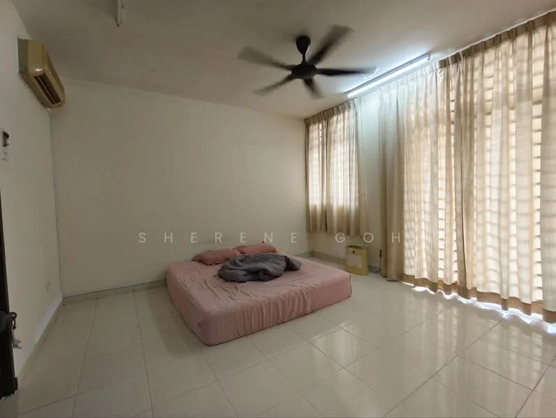 Bedroom features: queen-size bed with pink bedding, 2 bedside tables, floor-to-ceiling windows with sheer curtains, cream painted walls, white tiled flooring, ceiling fan, wall-mounted air conditioning unit, decorative throw blanket; style: minimalist.