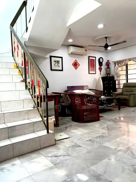Living features: marble flooring, white painted walls, recessed downlights, 5-blade ceiling fan, sofa in beige, coffee table, decorative wall art, window treatments, air conditioning unit, wooden side table, black wooden cabinet; style: modern. Staircase features: white tiled steps, metal railing with decorative elements.
