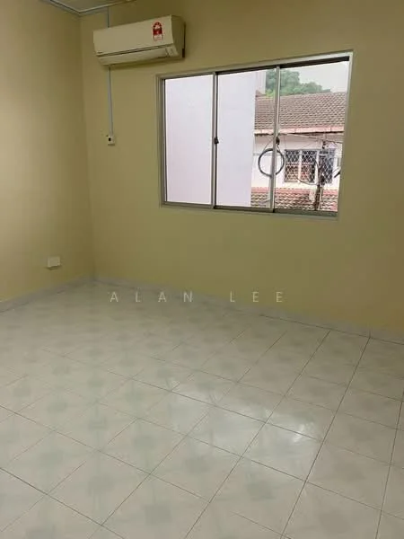 Room features: cream painted walls, glossy ceramic tile flooring, window with metal grille, wall-mounted split AC, no visible furniture or decor.