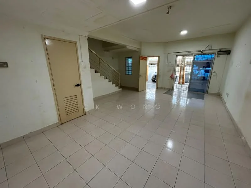 Room features: white painted walls, tile flooring, staircase leading to upper floor, large windows for natural light, door leading outside, open layout, ceiling lights, air conditioning unit.