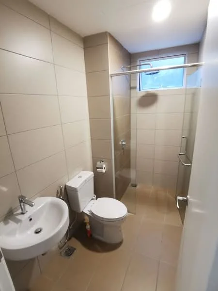 Bathroom features: light beige tiled walls, light beige tiled flooring, walk-in shower with glass enclosure, chrome shower head, chrome wall-mounted faucet, pedestal sink, one-piece toilet, window for natural light, toilet paper holder, towel rail; style: modern.
