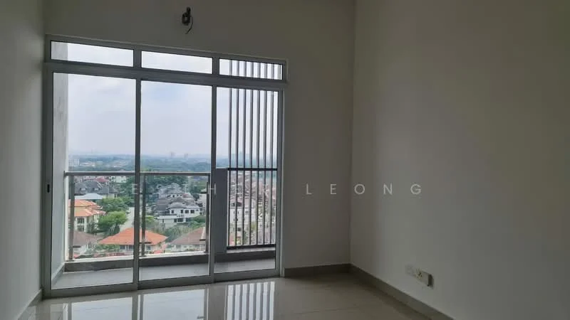Room features: floor-to-ceiling sliding glass door, white painted walls, grey tiled flooring, city view, natural light from large window, balcony access; style: modern; view: city.