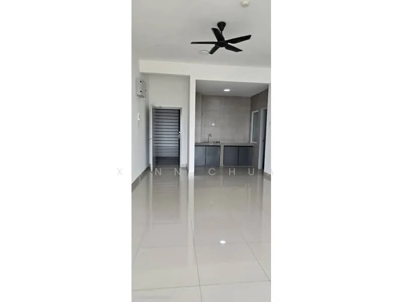 Living features: glossy tile flooring, white painted walls, 5-blade ceiling fan, recessed downlights, open layout, kitchen area visible, sliding glass door, air conditioning unit; style: modern.