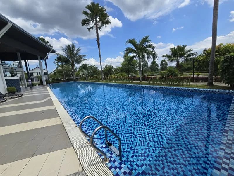 Exterior type: swimming pool deck; features: infinity pool, blue mosaic tile, stainless-steel handrails, surrounded by palm trees, manicured landscaping, sunny outdoor area, decking area with tiles, view of greenery; style: modern.