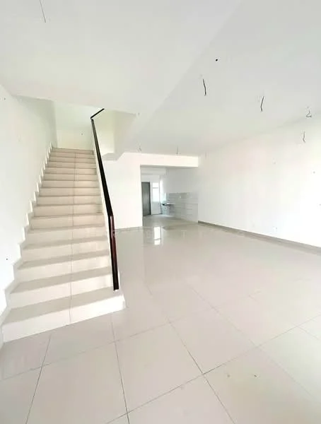 Room features: white painted walls, polished ceramic tile flooring, staircase with white steps and black railing, open layout, large windows allowing natural light, no visible furniture or decor, high ceiling, neutral color scheme; style: modern.