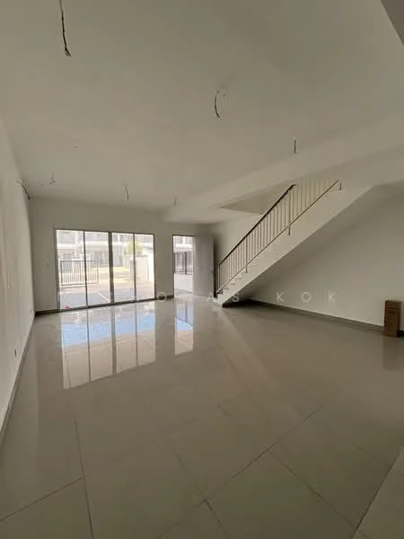 Living features: white painted walls, polished ceramic tile flooring, large floor-to-ceiling windows, sliding glass door, staircase with railing, high ceiling, natural light, open layout; style: modern; view: garden.