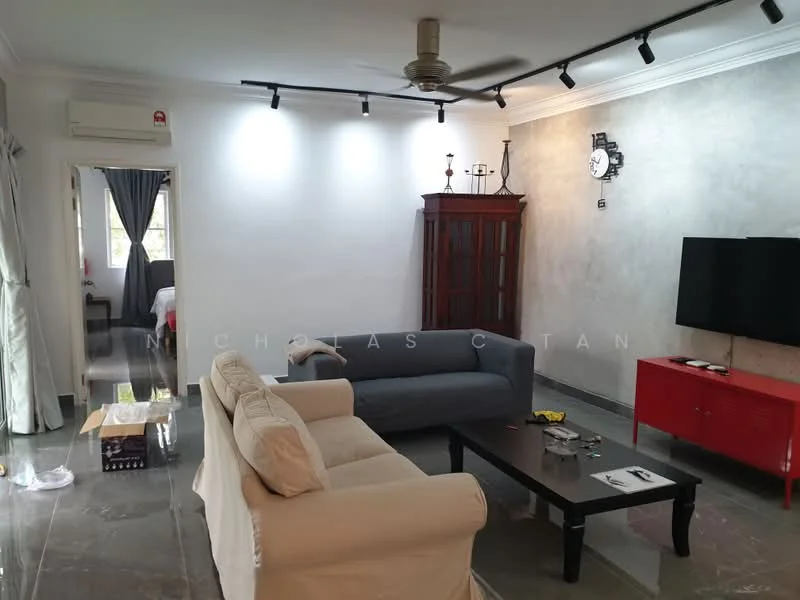 Living features: 3-seater fabric sofa in beige, 2-seater fabric sofa in grey, coffee table, wall-mounted TV, TV console in red, decorative wall clock, exposed concrete accent wall, recessed LED downlights, ceiling fan, grey curtains, marble tile flooring; style: modern. Room features: doorway leading to another room, grey curtains.
