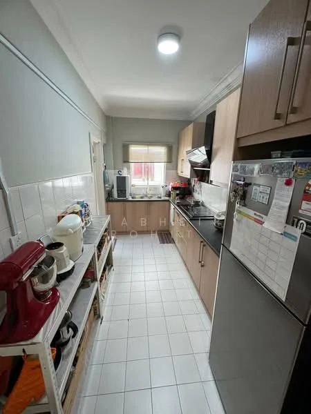 Kitchen features: white tiled flooring, light grey painted walls, laminate cabinetry in light wood finish, black countertop, stainless-steel sink, chrome pull-down faucet, built-in oven, freestanding range oven, stainless-steel refrigerator, microwave, kitchen aid mixer, open shelving, window with blinds, recessed ceiling light; style: modern.