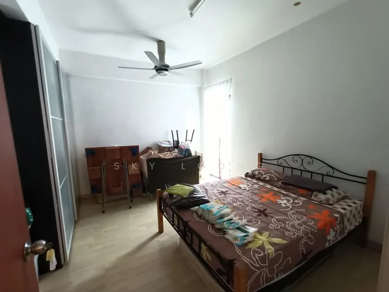 Bedroom features: queen-size bed with floral bedding, wooden bed frame, ceiling fan, light-colored laminate flooring, white painted walls, sliding mirror wardrobe, curtains on window, wooden folding table, chairs stacked on the table.