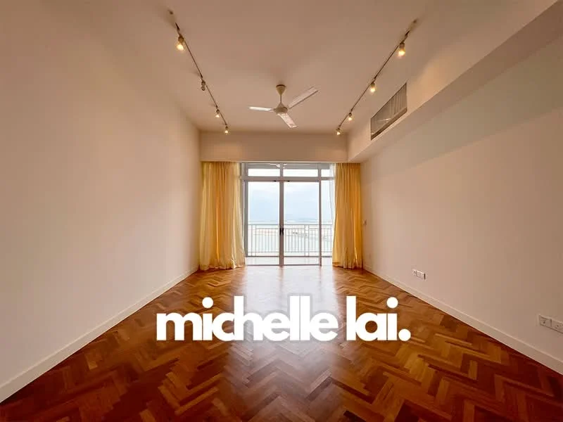 Living features: parquet wood flooring, white painted walls, 5-blade ceiling fan, recessed downlights, floor-to-ceiling windows, sheer curtains, balcony access, city view; style: modern; view: city.