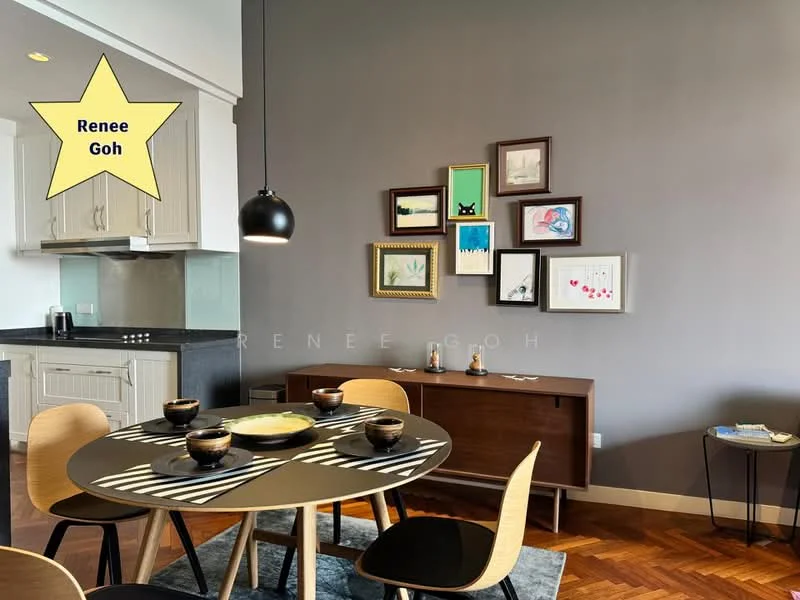 Dining features: round dining table, 4 dining chairs, black and white striped table runner, wooden sideboard, framed artwork on wall, grey painted walls, pendant light fixture, wooden flooring, decorative plants, tableware on table; style: modern.