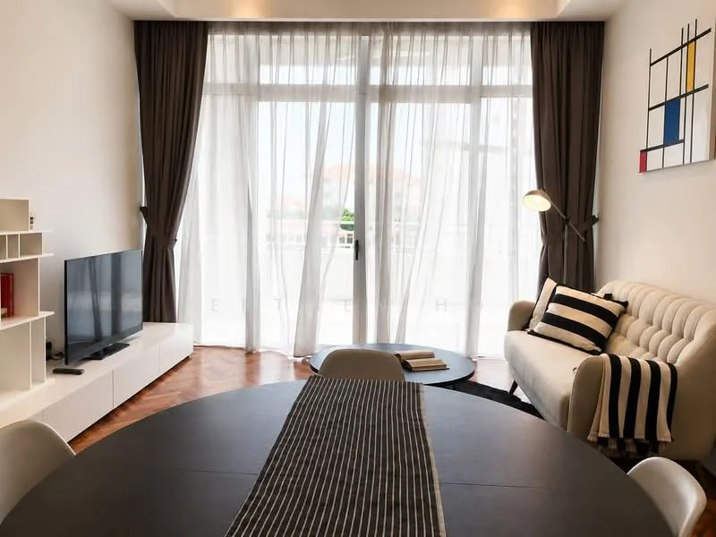 Living features: floor-to-ceiling windows, sheer curtains, light grey fabric sofa, black and white striped throw pillows, round dining table, white TV console, wall-mounted TV, wooden flooring, decorative wall art, reading lamp, open shelving unit, area rug; style: modern; view: city.