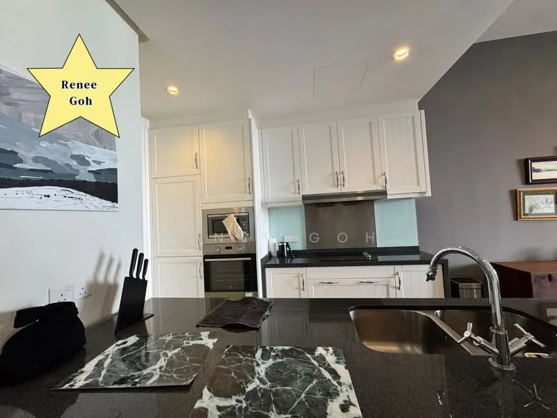 Kitchen features: white shaker cabinets, black granite countertop, stainless-steel sink, chrome pull-down faucet, built-in oven, microwave, glass backsplash, kitchen island, under-cabinet lighting, dark marble serving board, kitchen utensils holder; style: modern.