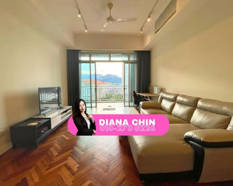 Living features: 3-seater leather sofa in beige, coffee table, TV console, wall-mounted TV, area rug, ceiling fan, floor-to-ceiling windows, mountain view, wooden herringbone flooring, decorative wall, study desk; style: modern; view: mountain.
