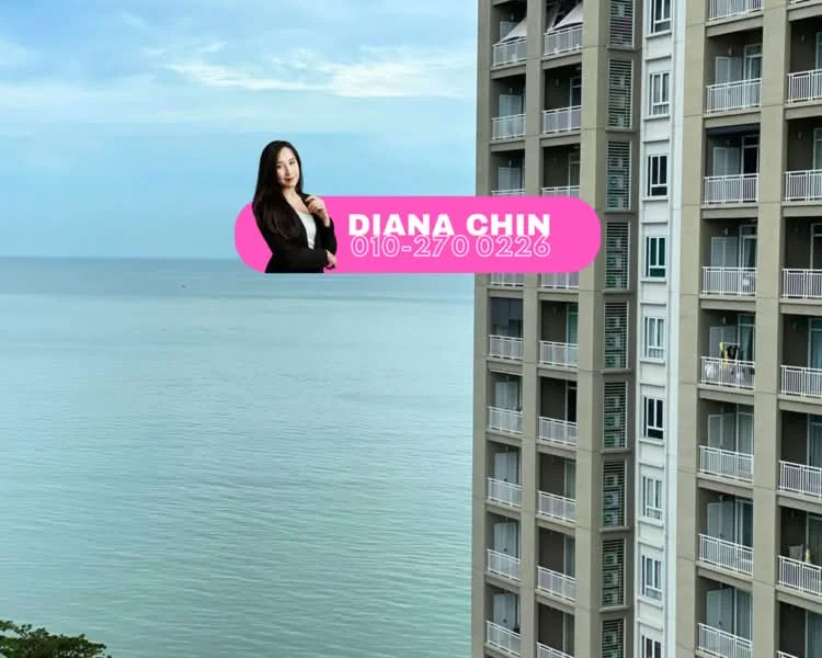 Exterior type: high-rise condominium; features: glass curtain wall, balconies with glass railings, sea view, multiple storeys, modern facade, surrounded by water; style: modern.