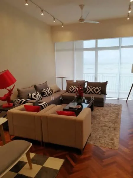 Living features: 3-seater fabric sofa in beige, 2-seater fabric sofa in beige, black coffee table, area rug with geometric pattern, floor-to-ceiling windows, sheer curtains, ceiling fan, decorative floor lamp, framed artwork, throw pillows with geometric pattern, wooden flooring with herringbone pattern; style: modern; view: city.
