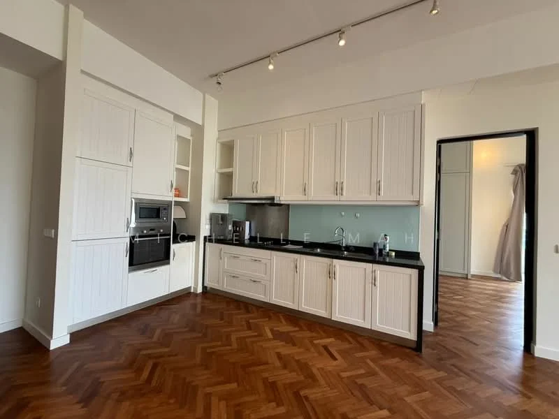 Kitchen features: white shaker cabinets, black granite countertop, built-in oven, stainless-steel microwave, stainless-steel sink, chrome pull-down faucet, ceramic tile backsplash, wooden herringbone flooring, recessed downlights, open shelving, integrated dishwasher; style: modern.