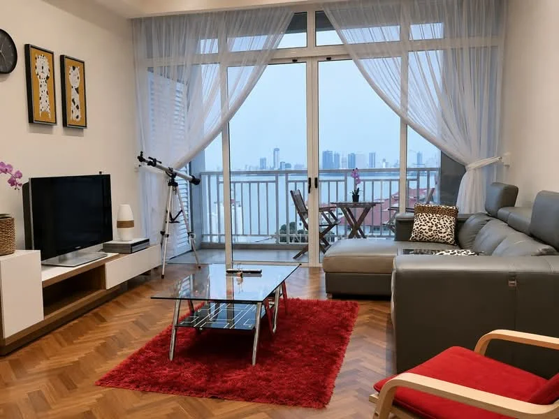 Living features: grey leather sectional sofa, glass coffee table, red area rug, TV console with flat-screen TV, floor-to-ceiling windows, sheer curtains, balcony access, decorative wall art, telescope, wooden flooring; style: modern; view: city.