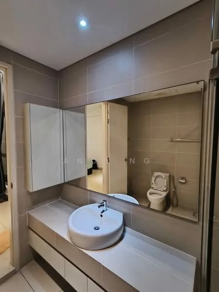 Bathroom features: single-sink vanity with circular basin, mirror above vanity, lighted mirror, wall-mounted cabinet, grey tiled walls, white tiled flooring, toilet, shower area with glass enclosure, recessed ceiling lights; style: modern.