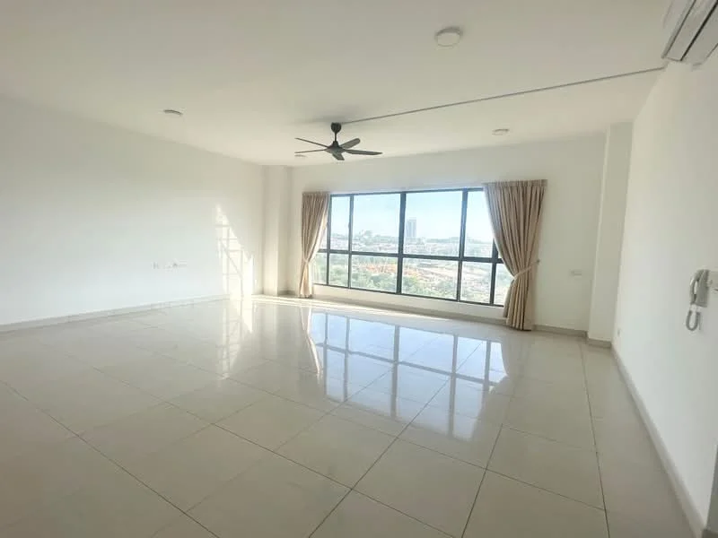Living features: white painted walls, glossy ceramic tile flooring, 5-blade ceiling fan with light, floor-to-ceiling windows, curtains, city view, air conditioning unit, recessed downlights; style: modern; view: city.