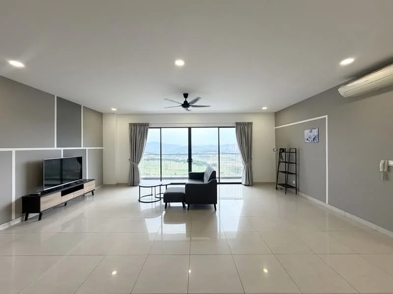 Living features: large floor-to-ceiling windows, grey painted walls, white accent wall, recessed downlights, 5-blade ceiling fan, white tiled flooring, black leather sofa, glass coffee table, TV console in wood, wall-mounted TV, curtains, open layout, mountain view; style: modern; view: mountain.