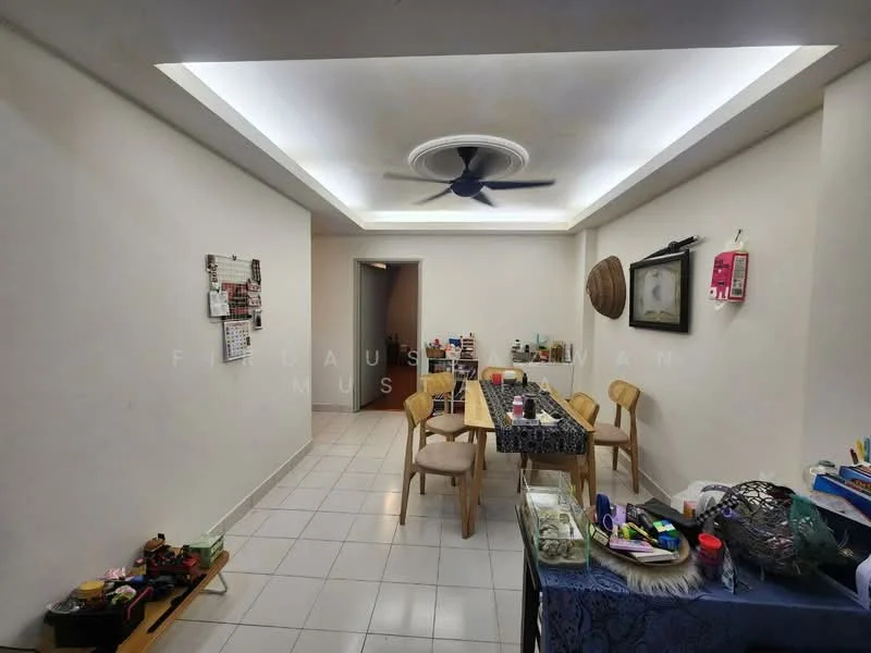 Dining features: white painted walls, tile flooring, recessed ceiling with LED lighting, ceiling fan, dining table with four wooden chairs, decorative wall clock, wall-mounted phone, open space layout, various decorative items on the table, kitchen entrance visible; style: modern.