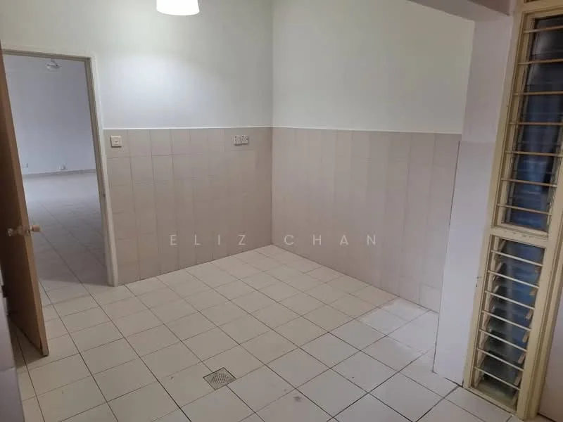 Room features: white painted walls, cream tiled walls, white ceiling, tile flooring, single light fixture, window with grille, doorway leading to another room, floor drain.