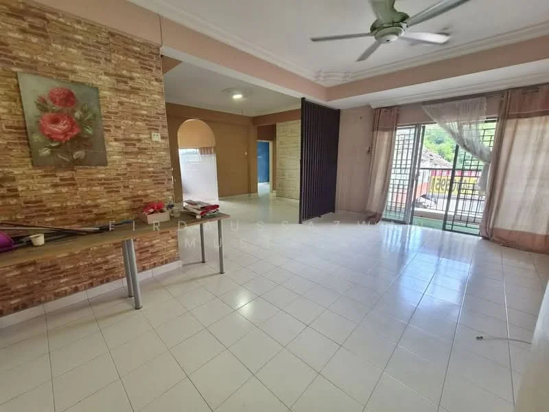 Living features: cream tiled flooring, exposed brick accent wall, white painted walls, ceiling fan, large sliding glass door, sheer curtains, decorative wall art, open layout; style: modern; view: garden. Room features: white painted walls, cream tiled flooring, doorway leading to another room.
