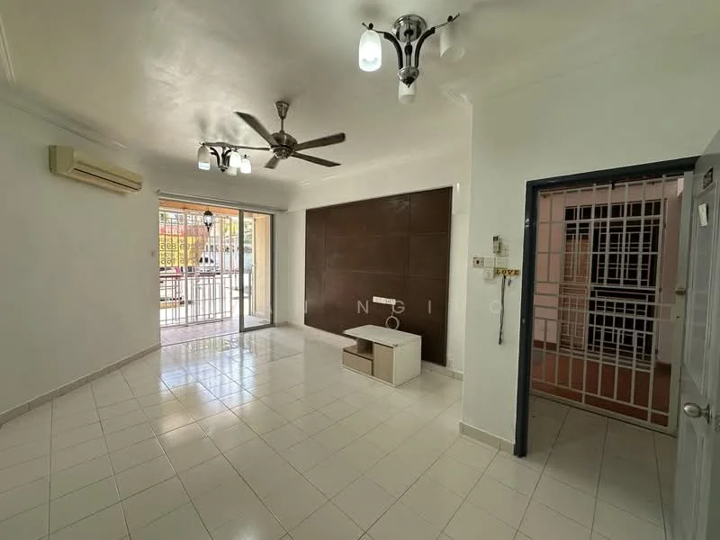 Living features: white painted walls, glossy white tile flooring, 5-blade ceiling fan with light, recessed downlights, sliding glass door, window with security bars, built-in wall unit, air conditioning unit; style: modern; view: garden.