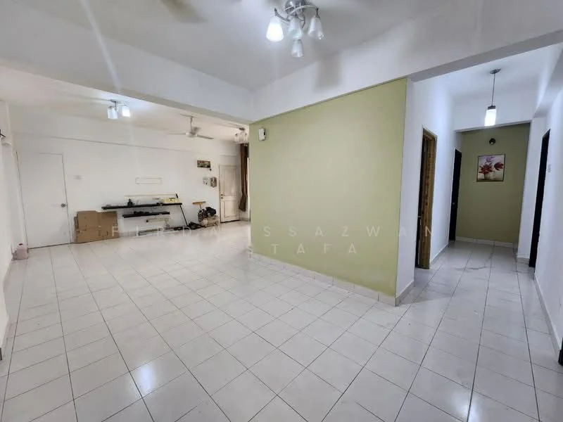 Room features: white painted walls, light green accent wall, white ceiling, recessed downlights, 2 ceiling fans, tiled flooring, open layout, doorways leading to other rooms; style: modern.