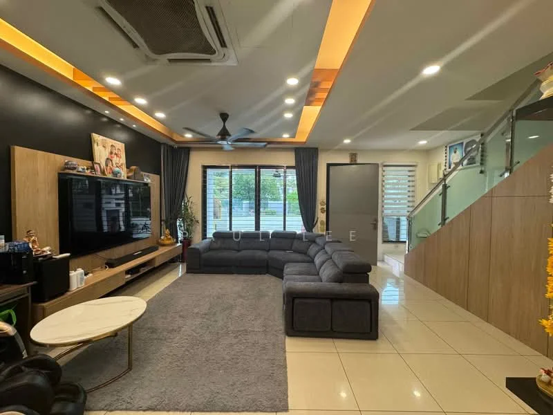 Living features: L-shape sectional sofa in grey, marble coffee table, large wall-mounted TV, wooden TV console, grey area rug, recessed LED downlights, 5-blade ceiling fan, cream painted walls, sliding glass door, floor-to-ceiling windows, curtains, staircase with glass railing; style: modern; view: garden.