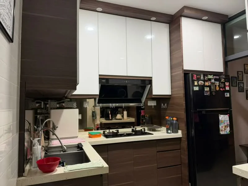 Kitchen features: white high-gloss upper cabinets, dark wood lower cabinets, quartz countertop, stainless-steel sink, chrome pull-down faucet, built-in gas hob, built-in oven, black refrigerator, wall-mounted range hood, tile backsplash, open shelving, decorative magnets on fridge, kitchen utensils on countertop, under-cabinet lighting; style: modern.