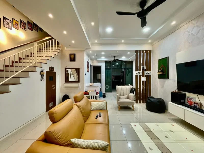 Living features: brown leather sofa, white coffee table, wall-mounted TV, TV console with storage, white tiled flooring, recessed ceiling lights, ceiling fan, staircase with wooden railing, decorative wall art, accent wall with wooden slats, large windows, area rug with geometric pattern; style: modern.