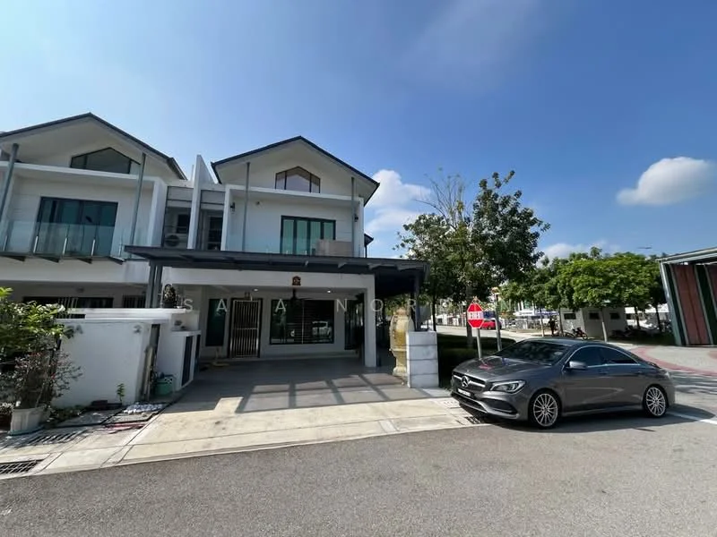 Exterior type: linked terrace house; features: two-storey building, white painted facade, balconies on upper floor, sliding glass doors, manicured landscaping, driveway with interlocking pavers, car porch, front garden, street view, signage at entrance; style: modern.