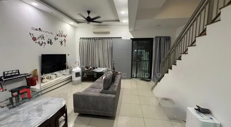 Living features: grey fabric sofa, coffee table, wall-mounted TV, TV console, floor-to-ceiling windows, curtains, ceiling fan, recessed downlights, white painted walls, tile flooring, decorative wall art, air conditioning unit, sliding glass door; style: modern.