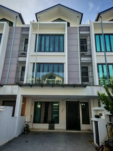 Exterior type: linked terrace house; features: white painted facade, grey accent panels, large windows with green-tinted glass, flat roof, two-storey structure, covered porch area, paved walkway, manicured landscaping with plants; style: modern.